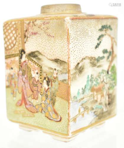 A Japanese Meiji period Satsuma vase of square form painted with geisha and warriors in landscape