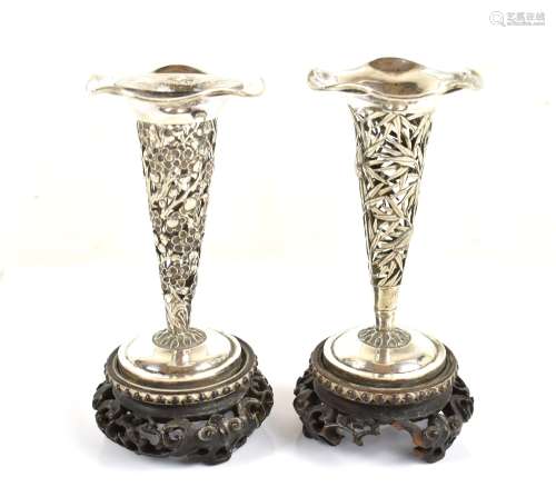 HUNG CHONG; a pair of late 19th/early 20th century Chinese Export silver reticulated bud vases
