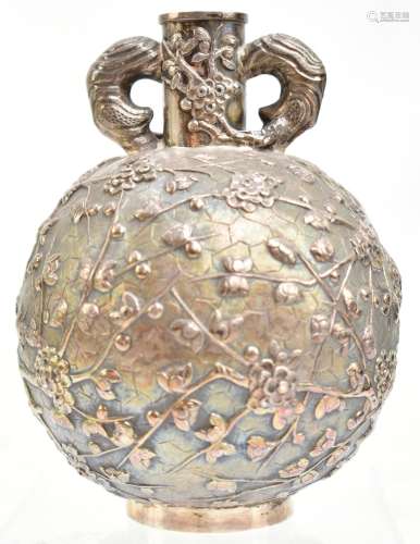 LUEN WO OF SHANGHAI; a late 19th century Chinese Export silver globular vase with pierced handles