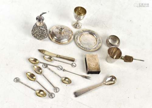 A collection of Chinese silver, to include an egg cup by Zeewo, spirit pourer with shot glass,