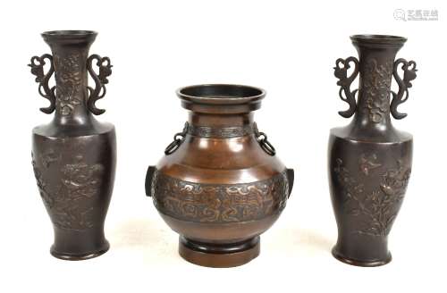 A late 19th/early 20th century Chinese bronze vase of archaistic form and a pair of bronzed Japanese