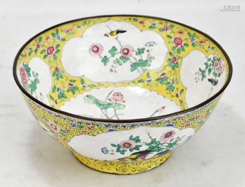 A 19th century Chinese enamel on copper bowl, the interior and exterior decorated with alternating