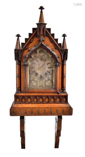 DOBSON OF HIGHSTREET MAIDSTONE; a Victorian oak Gothic bracket clock, the case with carved detail,