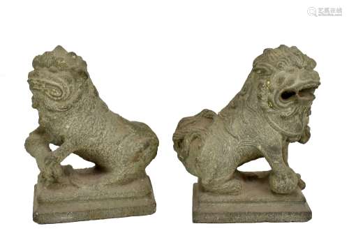 An unusual pair of 18th century or earlier Chinese carved stone temple lions, height 17.5cm.