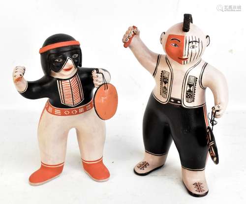 MARY JANICE ORTIZ; a pair of clay figures depicting Native American Cochiti warriors, the largest