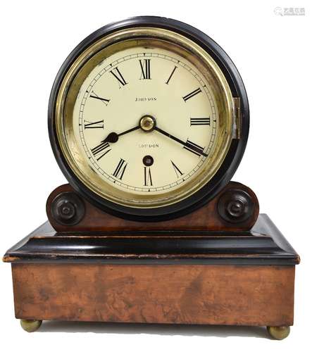 JOHNSON OF LONDON; a 19th century burr walnut veneered and ebonised drum mantel clock, the