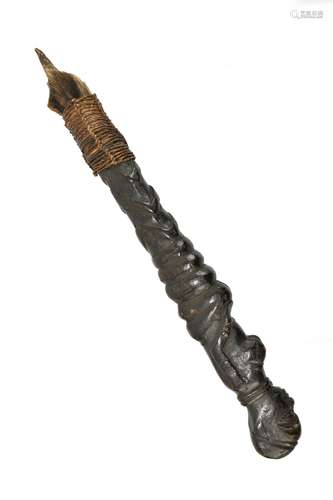 A late 19th/early 20th century Zulu fly whisk handle of figurative form, bearing paper label