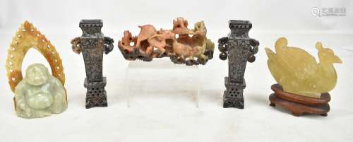 A small group of 20th century Chinese carved soapstone items comprising pair of twin handled