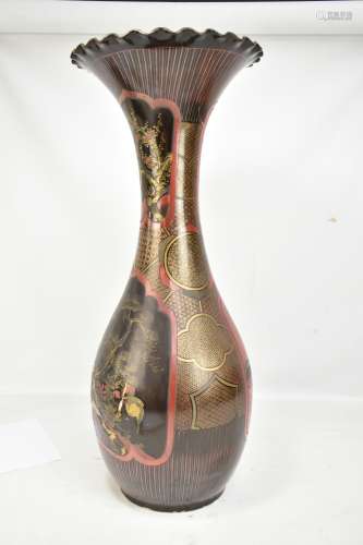 A large Japanese Meiji period vase with flared crimped rim and all over decorated in gold red and