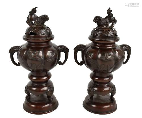 MURAKAMI; a pair of Japanese Meiji period bronze koro, each with chi chi pierced finials above