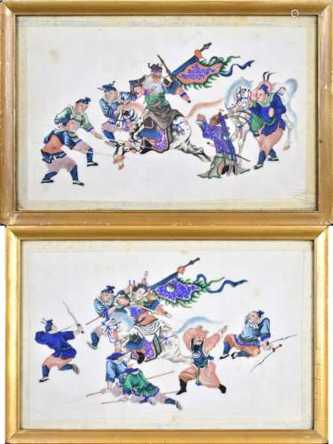 A pair of late 19th century Chinese pith paintings, each depicting a central figure on horseback