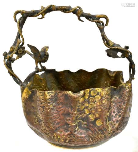 A late 19th/early 20th century Japanese period bronzed and gilt heightened metal basket, the