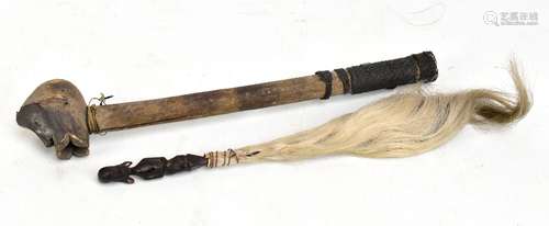 A South African axe shaft, length 37cm, and a fly whisk, length 34cm (2).