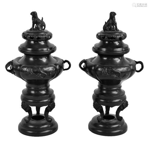 A pair of Japanese Meiji period bronze koro and covers of typical form with Dogs of Fo finials and