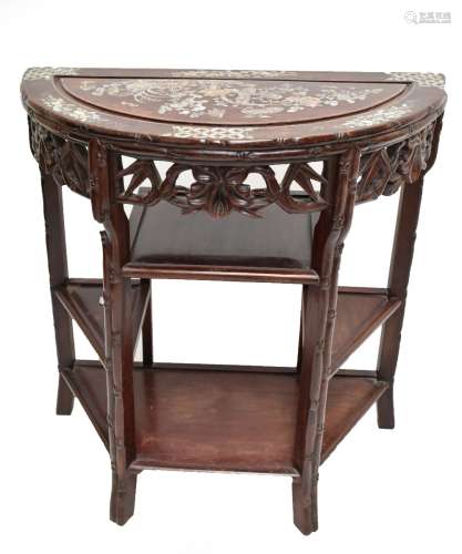 A late 19th/early 20th century Chinese demi-lune table, the top inlaid with mother of pearl detail
