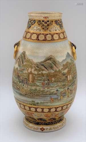 YABU MEIZAN; a fine Japanese Meiji period Satsuma ovoid vase with moulded ring handles, the body