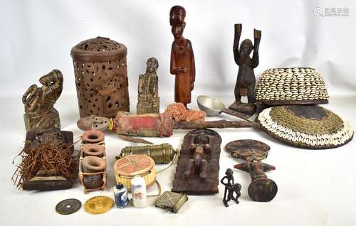 A group of African tribal wares including figures, brass canister, shell adorned bowl, terracotta