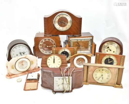 Thirteen assorted mantel clocks, including mahogany cased Art Deco example with chrome mounts,