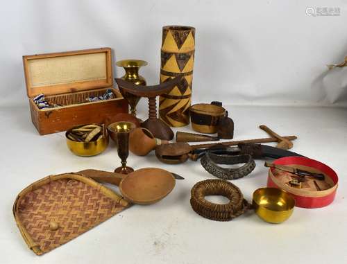 A group of African and Eastern tribal items including South African coloured beads, woven bangles,