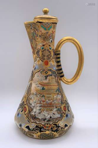 MEIZAN; a fine Japanese Meiji period Satsuma wine ewer, the spreading body decorated with two main
