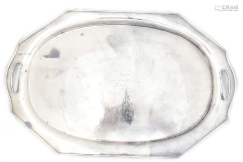 An early 20th century Japanese silver twin handled octagonal tray, the central section with hammered