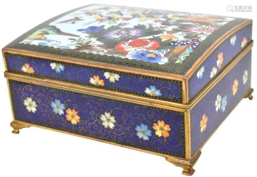 A Japanese cloisonné enamelled jewellery box, the lid decorated with birds amongst blossoming