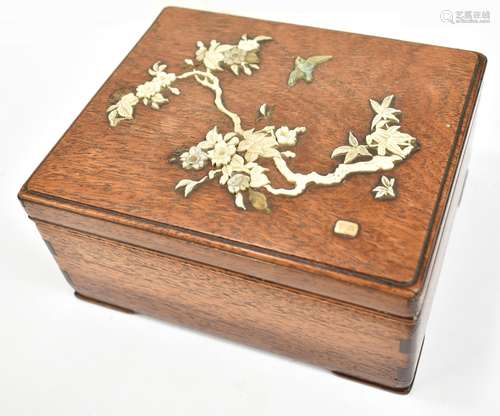 An early 20th century Japanese rectangular wooden box with inlaid bone and mother of pearl detail