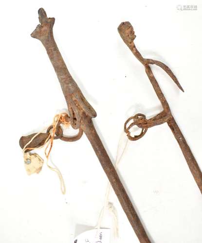 A Dogon ritual wrought iron staff, bearing paper label inscribed 'Ex Jacobs-Amsterdam', length