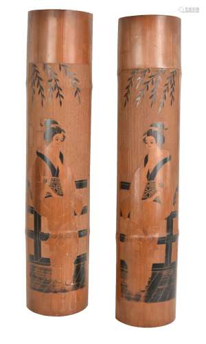 An opposing pair of Japanese bamboo carvings depicting a geisha lent against fence with branches