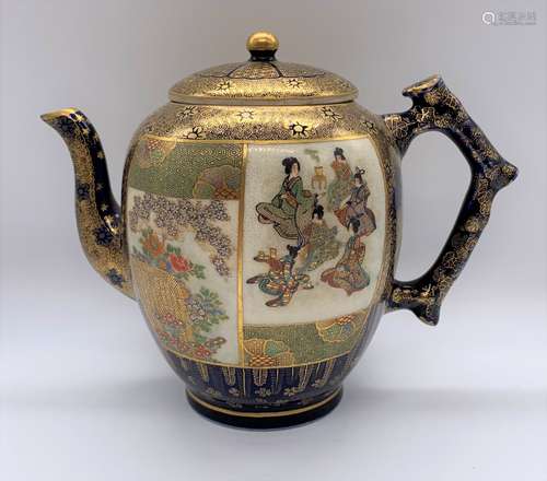 KINKOZAN; a good Japanese Meiji period Satsuma kyusu (teapot) with panels decorated with figures,