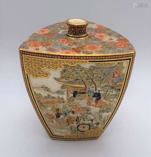 KINKOZAN; a good Japanese Meiji period Satsuma vase of triangular form with millefiori decorated