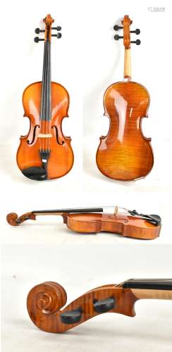 A small modern viola with two-piece back, length 38.5cm, cased with a bow.