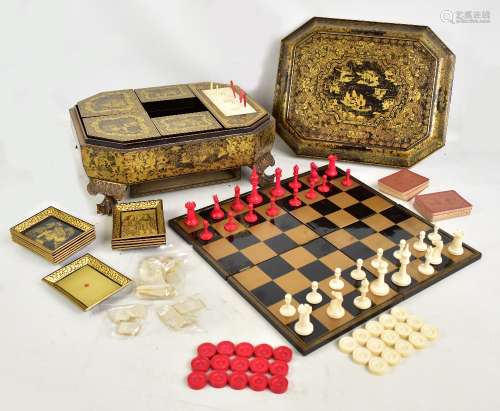 A good mid/late 19th century Chinese Canton Export lacquer and gilt decorated games compendium,