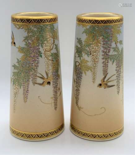 KINKOZAN; a good pair of Japanese Meiji period Satsuma vases of tapering cylindrical form, both