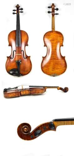 A good full size French violin, unlabelled, with two-piece back, length 36.1cm, cased with bow.