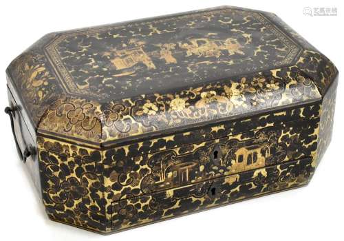 A 19th century Chinese lacquered workbox of shaped rectangular form, with gilt decoration