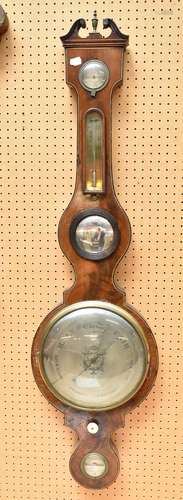 J CASTELETI OF LEICESTER; a 19th century mahogany wheel barometer with silvered dial, height 110cm.