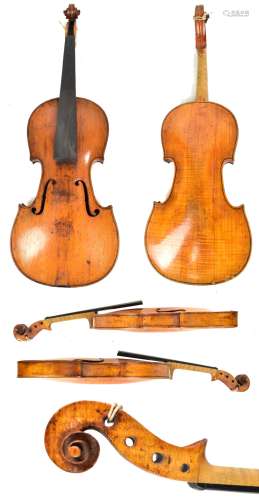 A full size violin, probably English, with two-piece back, length 36.5cm, handwritten label to the