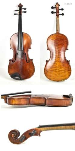 A Guarnerius copy full size violin with two-piece back, spurious paper label to interior, length