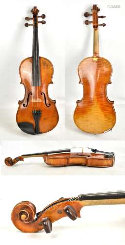 A full size German violin with two-piece back, length 36.4cm, unlabelled, in modern case.