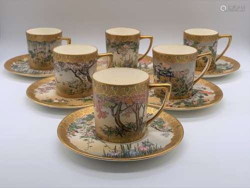 KINKOZAN; a fine set of six Japanese Meiji period Satsuma cups and saucers, each piece decorated
