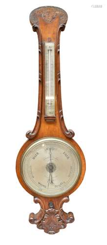 NEGRETTI & ZAMBRA; a Victorian carved oak banjo barometer, with silvered dial, height 104cm (af).