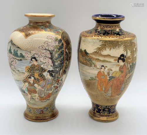 Two Japanese Meiji period Satsuma vases of ovoid form, both painted with figures in landscapes and