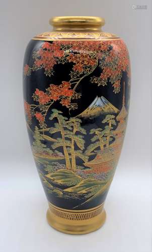 A Japanese Meiji period Satsuma vase of ovoid form with unusual very dark blue to black ground,