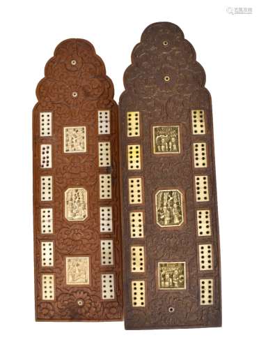 Two 19th century Chinese Canton ivory inlaid sandalwood cribbage boards, length 24cm (2).