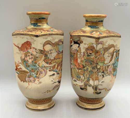 A good pair of Japanese Meiji period hexagonal Satsuma vases, the shoulders decorated with three