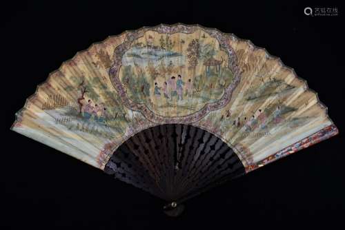 An early 20th century Chinese rosewood and paper fan painted in watercolour and gilt heightened with