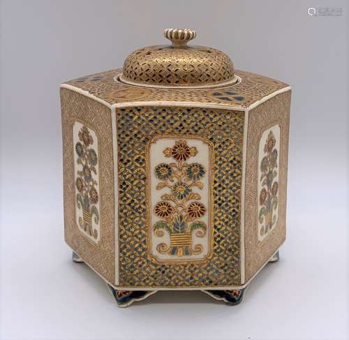 A fine Japanese Meiji period Satsuma hexagonal koro and cover, the pierced domed lid above mon