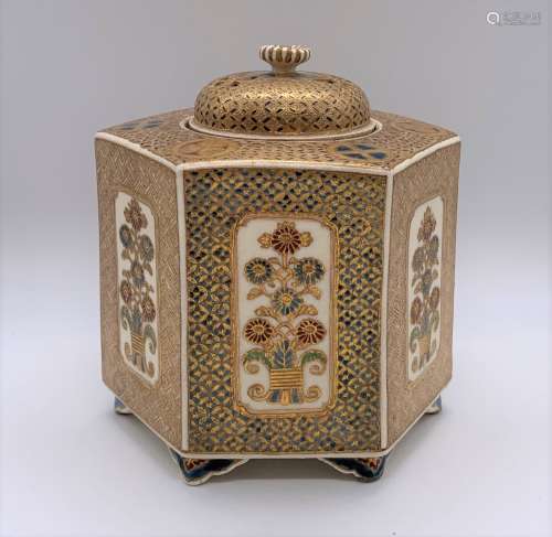 A fine Japanese Meiji period Satsuma hexagonal koro and cover, the pierced domed lid above mon