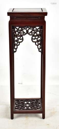 A Chinese rosewood miniature jardinière stand with carved and reticulated detail, with undertier, 42